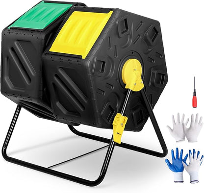 HomGarden Large Dual Chamber Compost Tumbler Heavy-Duty Outdoor Bin Composter with 2 Sliding Doors Easy-Turn, All-Season 37 Gallon High Volume Composter Black