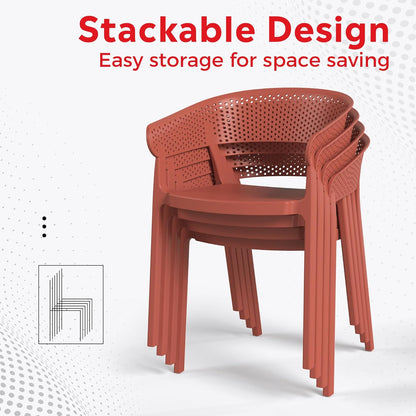 Dining Table Set for 4, HDPE Patio Round Dining Table and Stackable Chair, Kitchen & Dining Room Sets All Weather for Backyard Porch Poolside, Red
