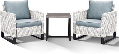 HUMMUH 3-Piece Outdoor PE Wicker Patio Chairs with Metal Frame, Porch Chairs with 4 inch Seat Cushions - Light Blue