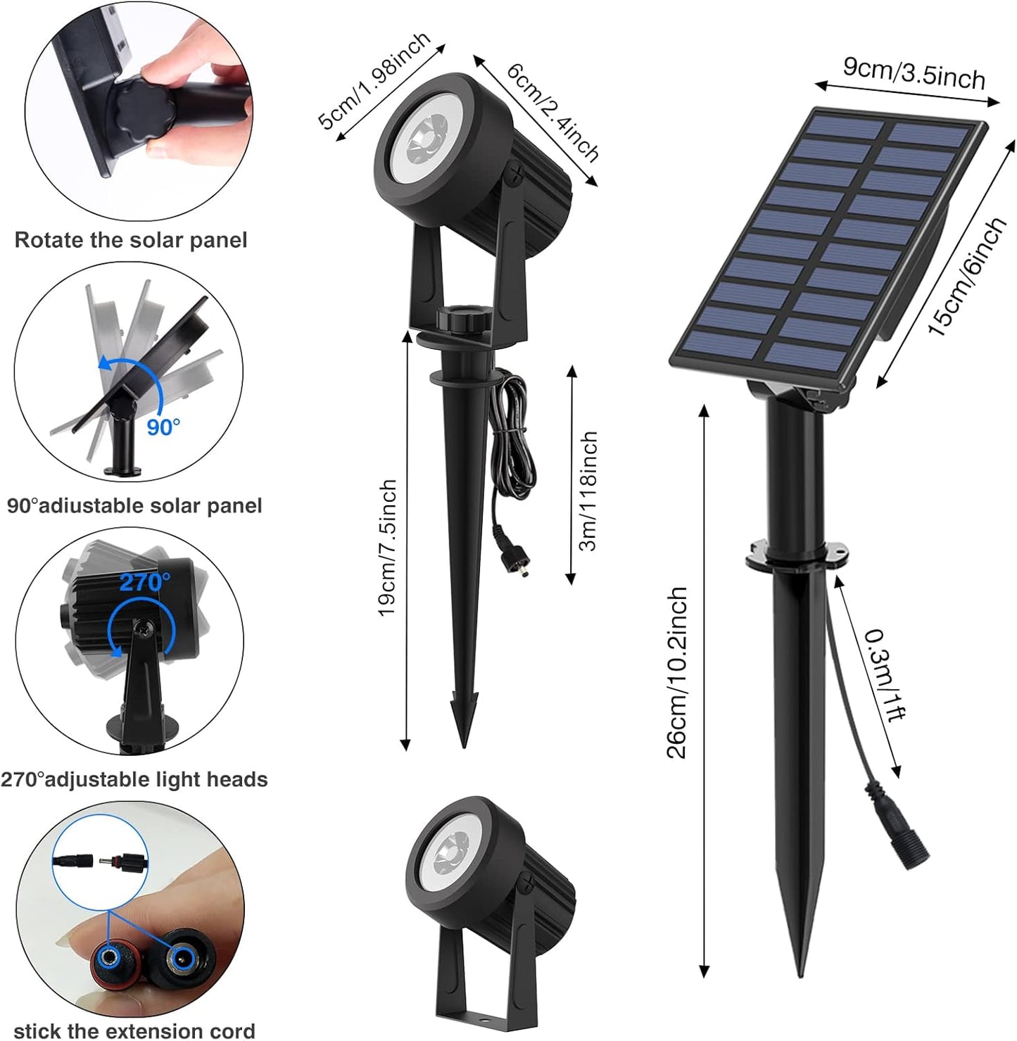 T-SUNUS Solar Garden Spot Lights, LED Solar Landscape Light Outdoor IP65 Waterproof 9.8ft Cable, Separated Solar Panel, Auto ON/Off for Garden, Driveway, Pathway, Pool Area (White 6000K)