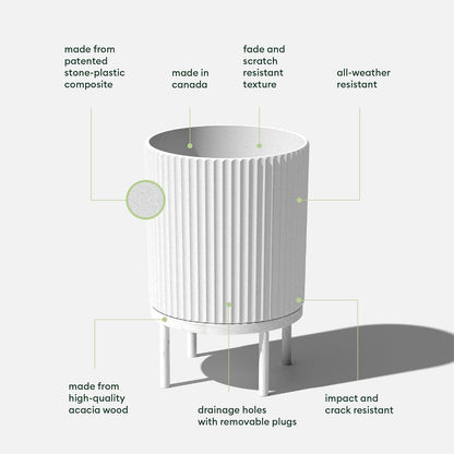 Veradek Demi Series Round Planter w/Stand for Porch/Patio | Durable Plastic-Stone Composite & Wooden Stand | Modern Décor for Tall Plants, Flowers
