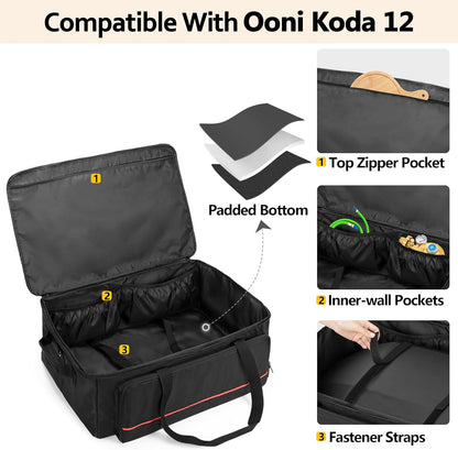 Pizza Oven Carry Bag Compatible with Ooni Koda 12 Gas Pizza Oven, Portable Carrier Cover with Shoulder Strap, Outdoor Carrying Case with Multi Pockets for Accessories, Bag Only