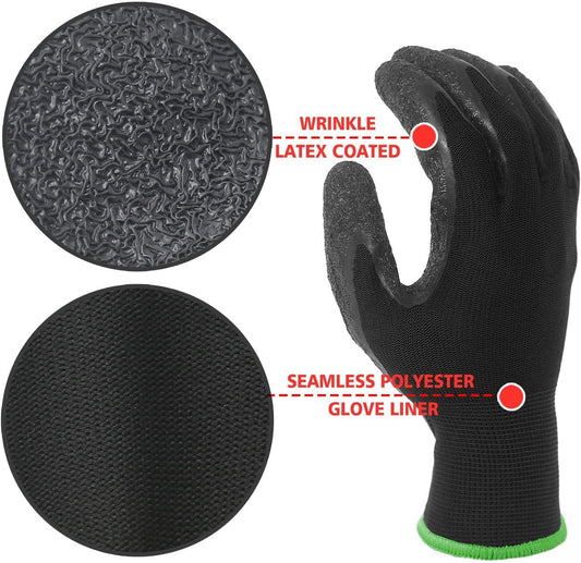 Evridwear Crinkle Latex Rubber Hand Coated Safety Work Gloves for Men Women General Multi Use Construction Warehouse Gardening Assembly Landscaping (XL-Size) 12 Pairs Pack