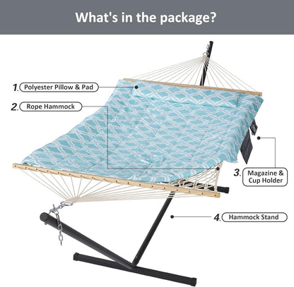 SUNCREAT Patio Hammock with Stand Included, Portable Double Hammock with Stand, Green Pattern