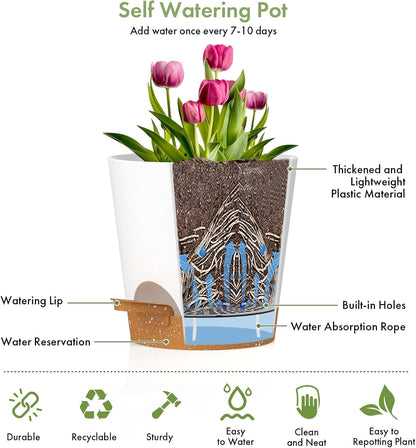 7/6.5/6/5.5/5/4 inch Self Watering Pots for Indoor Outdoor Plants, 6 Pack Plastic Flower Planters with Drainage Holes and Removable Saucers, Plant Pots with Wicking Rope, White Brown