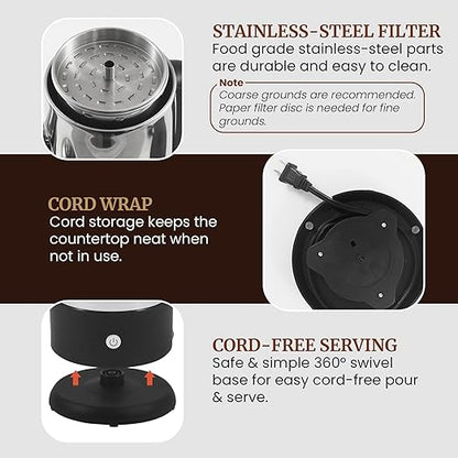 Elite Gourmet 12-Cup Electric Coffee Percolator, Dishwasher Safe Stainless-Steel Filter, Lid & Tube, Keep Warm, 360° Swivel Base Cord-less Serving, Stainless-Steel