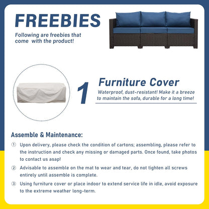 Outdoor Couch Wicker Patio Furniture 3-seat Sofa Outdoor Furniture Deep Seat Hight Backrest Waterproof Cover Non-Slip Cushions, Navy Blue
