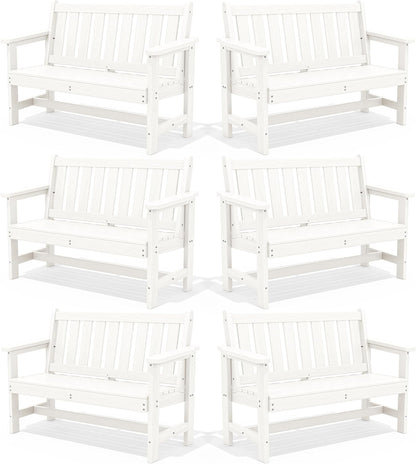 SERWALL Outdoor Bench, HDPE Outdoor Benches Weatherproof, 2-Person Garden Bench with 660 lbs Weight Capacity, Patio Benches for Outdoors, Garden, Porch, Backyard and Park, White, 6 Pack