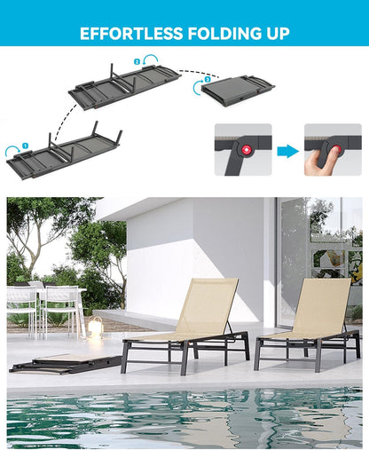 Aluminum Chaise Lounge Chair Outdoor, Foldable Patio Lounge Chair 2 Sets Assemble-Free, Pool Lounge Chairs with 5 Adjustable Backrest, Outdoor Lounge Chairs for Outside Poolside Beach Lawn Flaxen