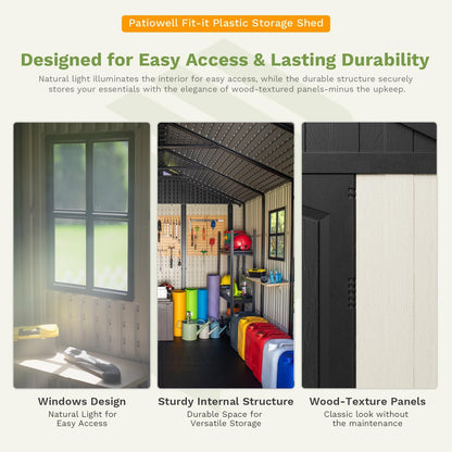 Patiowell 8 x 6 FT Resin Outdoor Storage Shed with Floor, Large Shed with Light and Lockable Door for Garden, Backyard, Tool Storage Use, Easy to Install in Beige (Kick-it Shed)