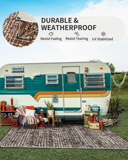 MontVoo Outdoor Rug Waterproof-Patio Rug Mat 5x8 Outdoor Carpet Reversible RV Camping Picnic Plastic Straw Rug Outside Outdoor Area Rug for Balcony Deck Backyard Patio Decor Boho Modern-Brown