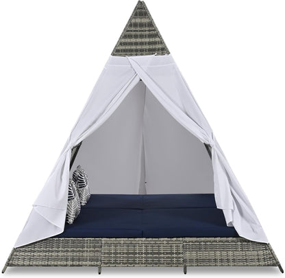 kevinplus Outdoor Patio Sunbed Daybed with Tent for Garden Backyard Pool, Adjustable Feet & Weather-Resistant Rattan Material, Gray and Blue