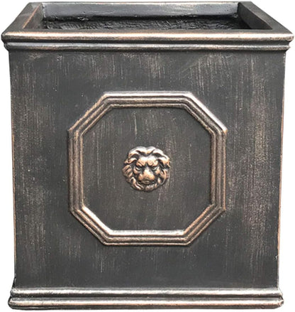 Kante Square Lion Head Concrete Planter, Classic English Style Plant Pot with Drainage Hole and Rubber Plug for Indoor Outdoor Garden Patio Home, 12.6"x12.6"x12.6" Metallic Chestnut