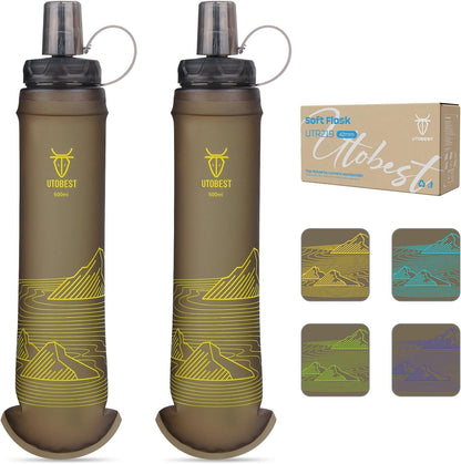 UTOBEST 500ml Soft Flask, 2 Pack Flexible TPU Hydration Water Bottle, Collapsible with 42mm Caliber for Running, Hiking, Cycling, Climbing, and Marathon Yellow