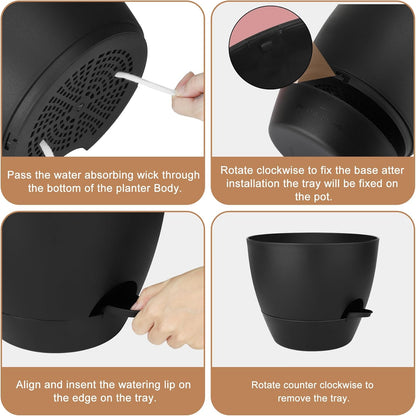 Plant Pots 10/9/8/7.5/7 Inch Self Watering Pots, Set of 5 Plastic Planters with Drainage Holes and Saucers,Plastic Flower Pots,Nursery Planting Pot for Indoor Out Door Plants(All Black)