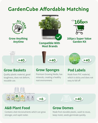 166pcs Hydroponic Pods Kit: Compatible with Aerogarden Grow Anything Herb Kits - Includes Grow Sponges Grow Baskets Grow Domes Labels A&B Plant Food - Hydroponics Supplies for Most Brand