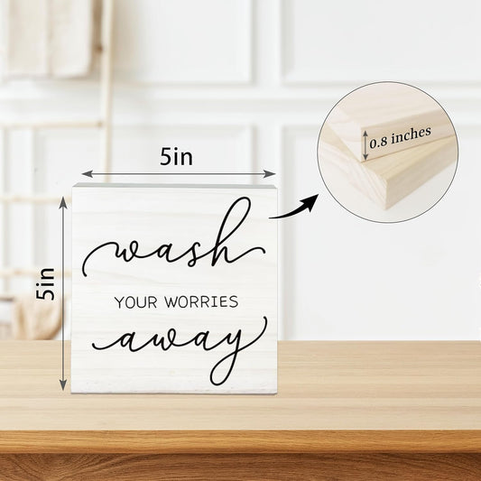 Funny White Wooden Sign-Wash Your Worries Away Block Plaque Desk Decoration-5x5 inches Inspirational Wood Block Gifts For Friends Family-Laundry Room Restroom Bathroom Tabletop Favors & Supplies-A09