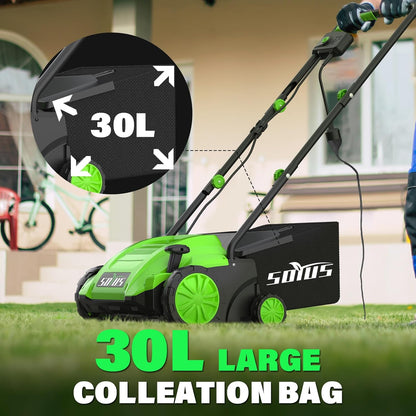 SOYUS Electric Dethatcher and Scarifier with 30L Collection Bag, 13-Inch 12 Amp 2-in-1 Corded Lawn Dethatcher with 4-Postion Depth Adjustment, Quick-Fold, Increases Lawn Health