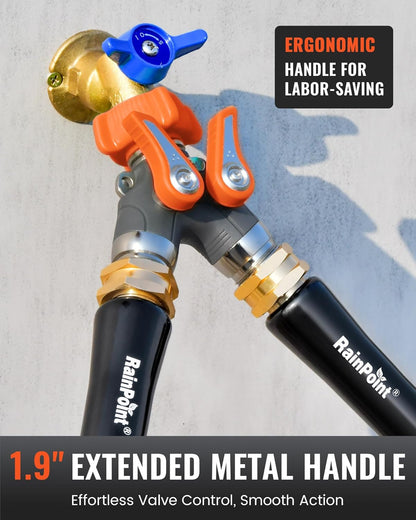 RAINPOINT Garden Hose Splitter, 2 Way Heavy Duty Water Hose Y Spigot Splitter with Shutoff Valves, 100% Metal Body Outdoor Faucet Splitter, 1.9" Extra Long Metal Handle, 3/4" GHT Thread (1, Orange)