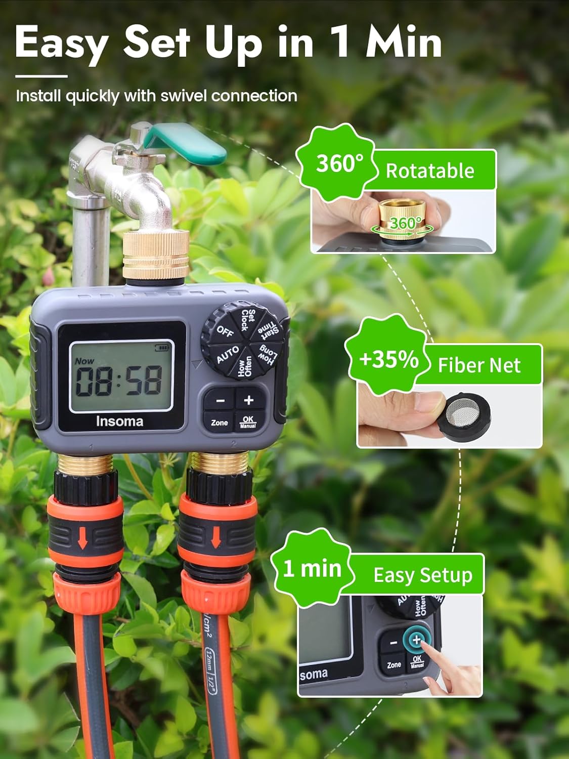 Insoma 2-Zone Water Timer Brass Inlet/Outlet, Programmable Outdoor Hose Faucet Timers with Auto/Manual Modes + Rain Delay, Waterproof Sprinkler Timer for Garden, Lawn, Yard, Pool | Save Water & Money