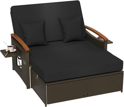 Tangkula Patio Rattan Daybed Set with Cushioned Loveseat and Storage Ottoman, Outdoor Double Chaise Lounger with 4-Level Adjustable Backrest and Retractable Side Trays for Backyard (Black)