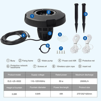 RGB LED Pond Fountain Aerator,with Color-Changing Light Show, 10000 GPH Floating Aerating Pump, 35ft Power Cord, Time Control, Perfect for Ponds & Lakes (NO-RGB)