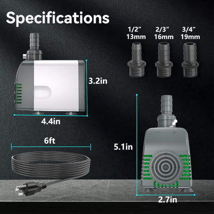 880GPH Submersible Water Pump, Pond Pumps with Over Heating Protection Adjustable Flow Rate Desin 6.5ft High Lift for Fountains, Hydroponics, Ponds, Aquariums & More