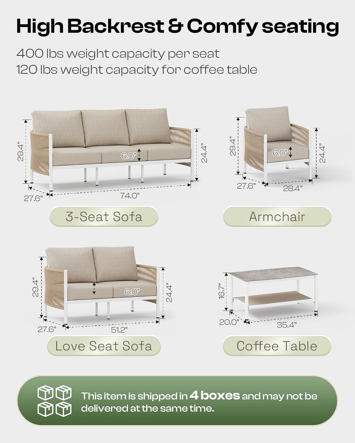 Aluminum Outdoor Patio Furniture Set, HDPE Rope 5 Piece Modern Sectional Conversation Sets with Dual-Layer Coffee Table, All Weather Patio Couch Sofa with Thick Cushions, White Frame, Ivory