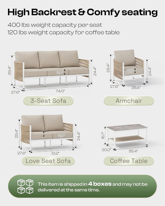 Aluminum Outdoor Patio Couch, 3 Seats HDPE Rope Patio Sofa with Washable Thick Cushion, All-Weather Patio Furniture for Balcony, Yard, White Frame, Ivory