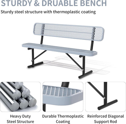 6 Feet Heavy Duty Metal Park Bench for Outside, Outdoor Bench with Backrest & Portable Frame, Commercial Benches for Shopping Malls, Stores, Parks, Patios, Decks, Grey