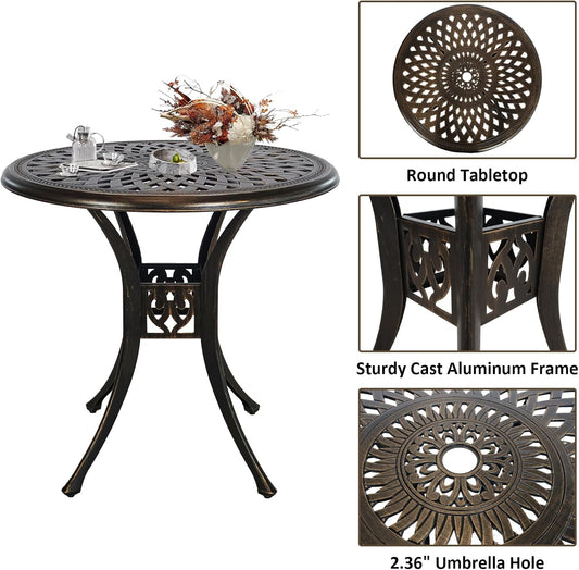 30.31" Outdoor Table and Chairs, Patio Table Set with 2.36" Umbrella Hole, Anti-Resistant Outdoor Dinning Set, Cast Aluminum Patio Furniture Set for Garden, Porch, Deck