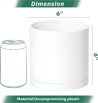 D'vine Dev 4 Pack 6 Inch Modern Plastic Plant Pots, Small Garden Planters for Plant with Drainage Holes and Saucers, White Color, 74-Z-J-2