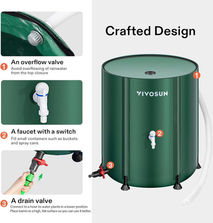 VIVOSUN Collapsible Rain Barrel, 100 Gallon Water Storage Tank with 1000D Oxford Cloth, Portable Rain Collection System Includes Two Spigots and Overflow Kit, Green
