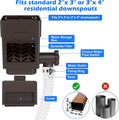 WADEO Rainwater Collection System, Downspout Diverter Fits for 2"x 3" or 3"x 4" Residential Downspouts, Rain Barrel Diverter Kit with Adjustable Valve and Filter, 5FT Hose, Brown