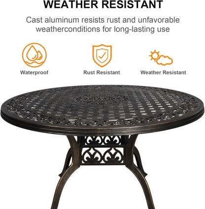 5 Piece Modern Outdoor Dining Set for 4, Bronze Aluminum Patio Table and Chairs, 48" Round Table with Umbrella Hole, Weather Resistant