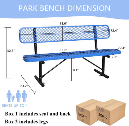 6 FT Steel Park Bench for Outside, Outdoor Bench with Backrest & Portable Frame, Commercial Benches for Shopping Mall, Store, Park, Patio, Deck, Blue