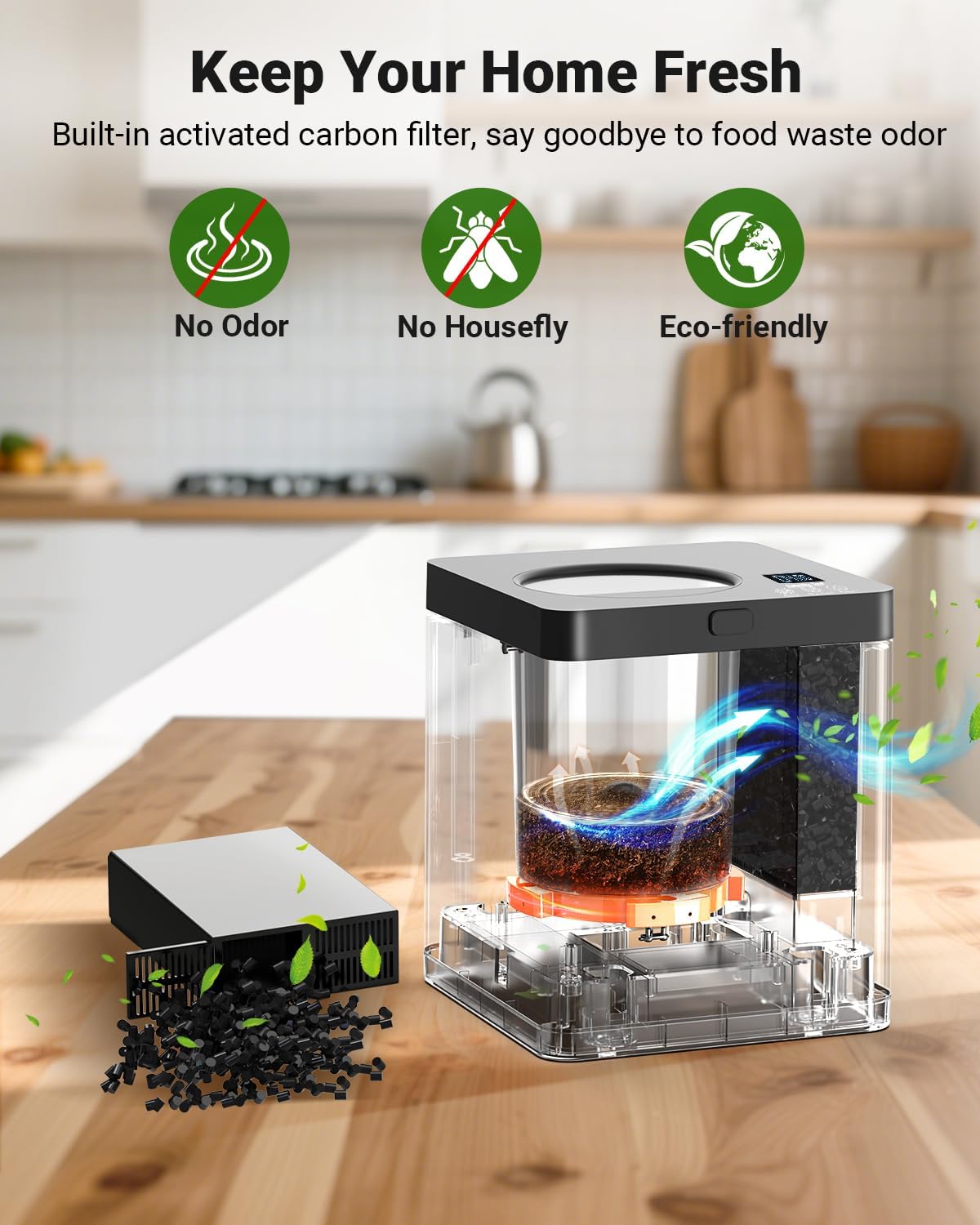 Growell Electric Composter for Kitchen, 2.5L Indoor Countertop Compost Bin Kitchen with LED Display, Visible Window & Carbon Filter, Auto-Clean, 4H/6H Fast Processing, Odorless Food Compost Machine