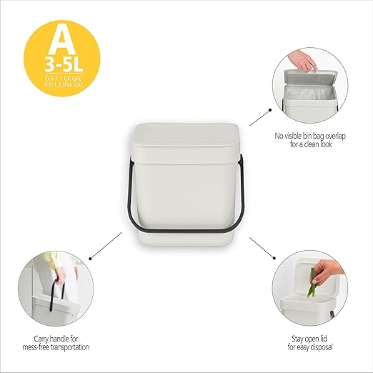 Brabantia Sort & Go Kitchen Countertop Food Scraps Compost Bin | XS / 0.8 Gal / 3L | Jade Green | Removable Stay-Open Lid, Carry Handle, Easy-Clean Recycling Box | Wall Bracket Sold Separately