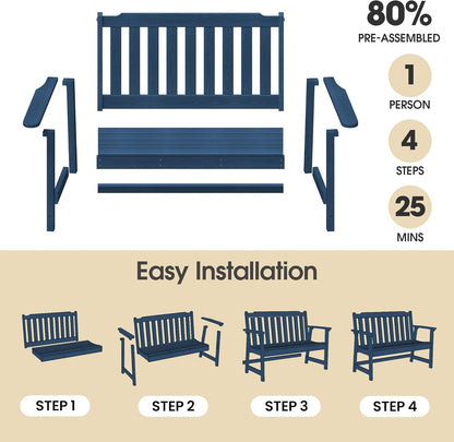 Ciokea 46" Heavy Duty Outdoor Bench, HDPE Weatherproof Garden Benches, Durable 2-Person Porch Benches with 660 Lbs, Waterproof Patio Bench for Outside Balcony Deck Backyard, Navy Blue
