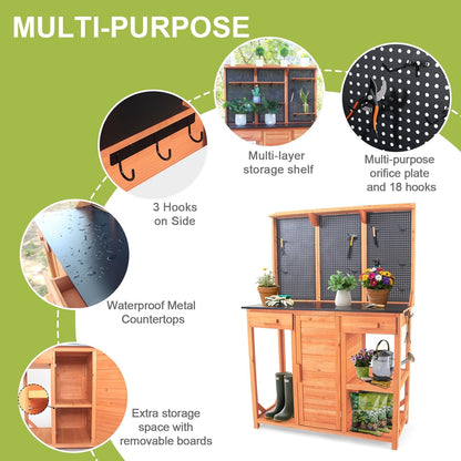 Outdoor Potting Bench,Wooden Potting Table with Metal Tabletop,Garden Work Bench with Drawer and Free Matching Storage Cabinet Shelf/Hooks for Backyard,Patio,Greenhouse (Black, 40 * 59 * 20in)