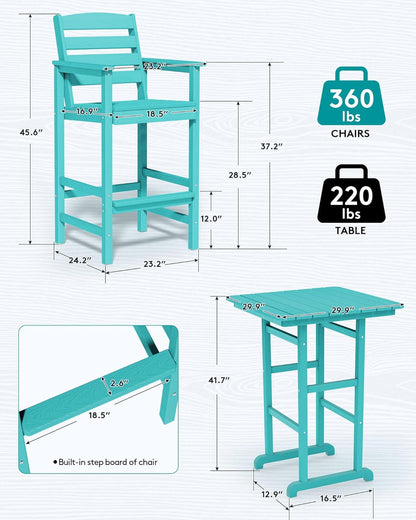 SERWALL Balcony Adirondack Chairs and Table 3 Pieces Set, Adirondack Bar Height Chairs Set of 2 and Bar Table, Outdoor Bar Stools Set for Bistro, Poolside, Backyard, Aruba