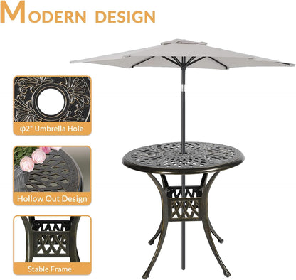 3-Piece Outdoor Patio Dining Set, All-Weather Cast Aluminum Patio Furniture Set for Backyard Garden Deck with 2 Cushioned Chairs and 31” Round Table, 2" Umbrella Hole, Ocean Blue