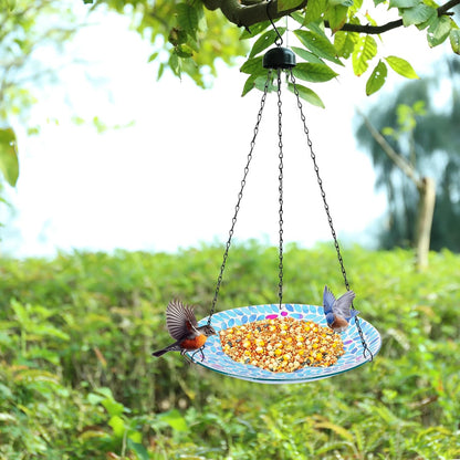 MUMTOP Mosaic Hanging Bird Bath-Bird Baths for Outdoors - 12 Inch Glass Bird Water Bowl Bird Feeders for Outside, Garden, Lawn Yard Decor（Blue）