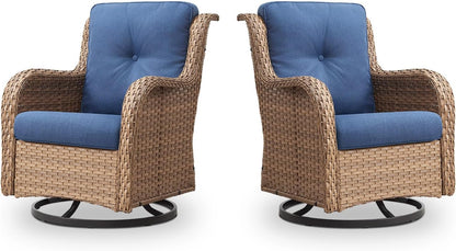 Outdoor Swivel Rocker Patio Chairs - 360 Degree Swivel Glider Seating 350LBS Weight Capacity Wicker Rocking Chairs Set of 2 with Removable Cushion for Porch Balcony Deck, Yellow/Blue