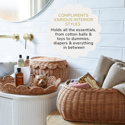 BEBE BASK The Original Scalloped Basket Set Of 2 - Small Scallop Basket - 15 x 10 x 6 In - Hand-Woven & Award-Winning - Elegant Wicker With Scalloped Edge Lid - Nursery Storage - (Mocca)