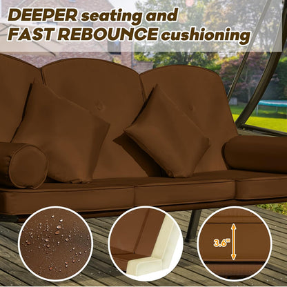 3 in 1 Outdoor Porch Swing with Adjustable Canopy, 3 Seat Outdoor Swing for Adults, Patio Swing Chair with Thickened Cushions,Pillows & Cup Holders for Backyard, Porch, Garden (Brown)