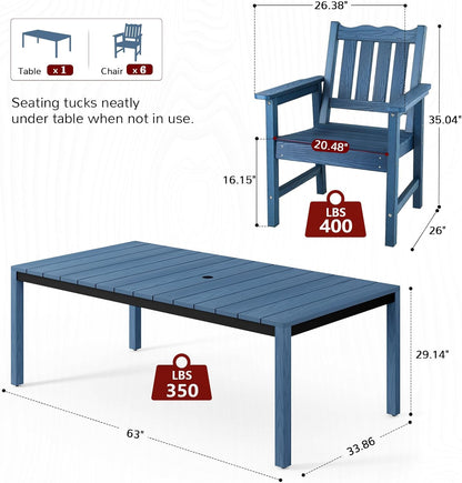 Stoog All-Weather Patio Dining Sets, 7 Pieces Waterproof Dining Table and Chairs Set, HIPS & Aluminum Dining Table with Umbrella Hole, Never Rot or Fade, for Garden, Backyard, Deck, Blue