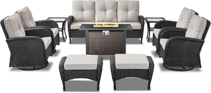 Expansive 10 Pieces Outdoor Patio Furniture Set with 43” Propane Fire Pit Table, Patio Conversation Set with Swivel Rocker Outdoor Chairs Set of 4 and Sofa, Ottoman and Wicker Side Table Black