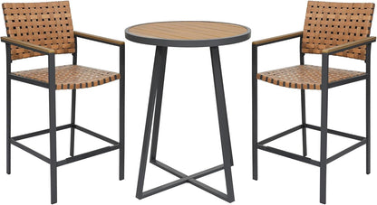 3 Piece Bar Height Patio Table and Chairs Set, High Top Bistro Set with Fauxwood Armrest, Outdoor Bar Stools and Table Sets for Garden, Backyard, Home, Balcony