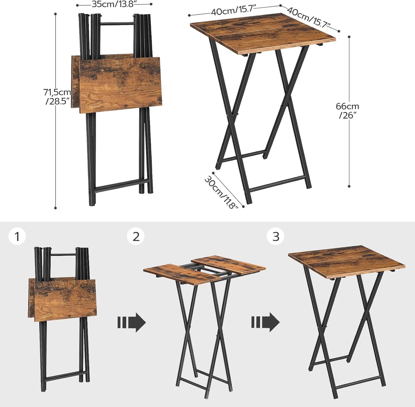 HOOBRO Folding TV Tray Tables, Set of 2 Wooden TV Trays Side Tables, Portable Sofa Snack Table, Industrial End Table for Small Spaces, Easy to Install and Fold, Rustic Brown and Black BF27BZP201